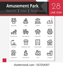 Amusement park elements vector icons set on white background.  Premium quality 
outline symbol collection. Stroke vector logo concept, web graphics.