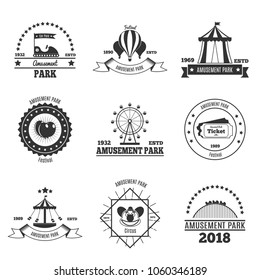 Amusement park emblems collection of nine monochrome images with text captions decorative shapes and attraction images vector illustration