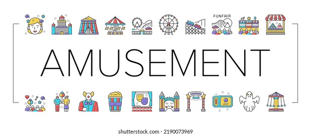 Amusement Park Entertainment Icons Set Vector. Amusement Park Rollercoaster Attraction And Swing Carousel, Circus Clown Spectacle And Festival Line. Popcorn Food And Ticket Color Illustrations