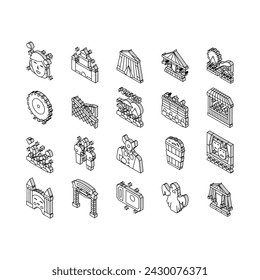 Amusement Park Entertainment isometric icons set. Amusement Park Rollercoaster Attraction And Swing Carousel, Circus Clown Spectacle And Festival Line. Popcorn Food And Ticket Color