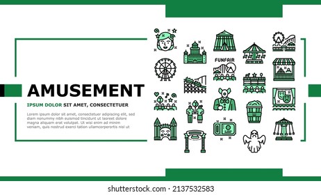 Amusement Park Entertainment Landing Web Page Header Banner Template Vector. Amusement Park Rollercoaster Attraction Swing Carousel, Circus Clown Spectacle Festival. Popcorn Food Ticket Illustration