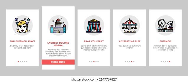 Amusement Park Entertainment Onboarding Mobile App Page Screen Vector. Amusement Park Rollercoaster Attraction Swing Carousel, Circus Clown Spectacle Festival . Popcorn Food And Ticket Illustrations