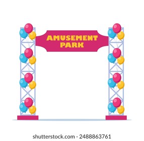 Amusement park entry gate with balloons. Vector illustration in flat style