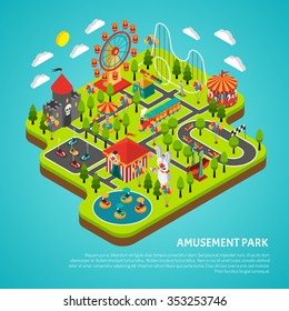 Amusement park fairground with big ferris observation wheel and bumper cars attractions isometric colorful banner vector illustration 