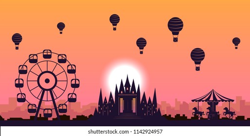 amusement park with fairytale castle, hot air ballons, ferris wheel and carousel under sunset sky. vector illustration