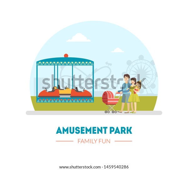 Amusement Park, Family Fun Banner Template,\
Parents and Their Little Kids Relaxing and Walking in Park Vector\
Illustration