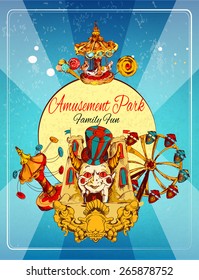 Amusement park family fun hand drawn poster with thrill attraction and rollercoasters vector illustration