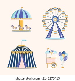 Parque de atracciones con ferris, carrusel de ruedas, circo y helado.ilustración vectorial.