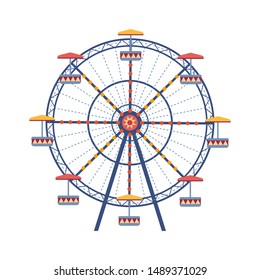 Amusement park Ferris wheel flat color vector icon isolated white  City park carousel garden leisure entertainment cartoon  Steel outdoor round construction carnival holiday amusement illustration