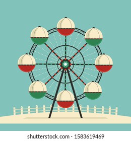 Amusement park Ferris wheel flat color vector icon. City park carousel funfair garden leisure entertainment cartoon. Steel outdoor round construction carnival holiday amusement background illustration