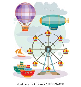 amusement park with ferris wheel, hot air balloon, aerostat, ships, cartoon illustration, isolated object on a white background, vector illustration, eps