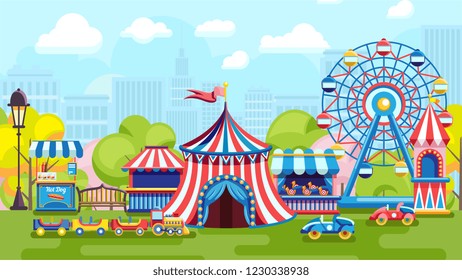 Amusement park with Ferris wheel and kids playground on simple urban background. Cartoon amusement park conception on sunny summer day with balloon, carousel, kids train and other amusement for kids.