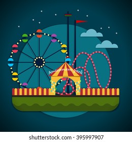 Amusement park with the Ferris wheel and the roller coaster attractions - stock vector illustration