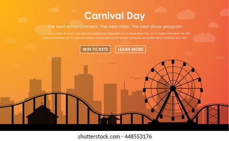 Amusement park with a Ferris wheel and a roller coaster ride at sunset. Orange sky and the silhouette of the city. banner template. Vector illustration