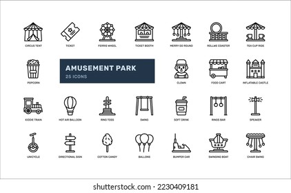 amusement park festival circus detailed outline icon set with roller coaster, merry go round, tea cup ride, more. simple vector illustration