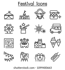 Amusement park & Festival icon set in thin line style