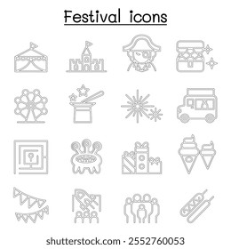 Amusement park  Festival icon set in thin line style