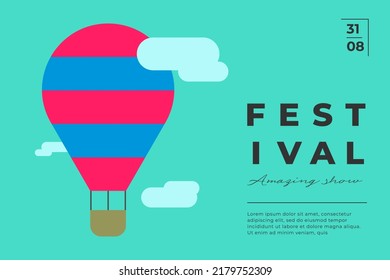 Amusement park festive minimal trendy horizontal poster with aerostat. Carnival funfair minimalistic creative design banner with hot air balloon on sky. Fun fair festival simple flat vector placard