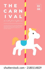 Amusement park festive minimal trendy vertical poster with merry-go-round. Carnival funfair minimalistic creative design banner with children attraction carousel. Fun fair festival flat eps placard