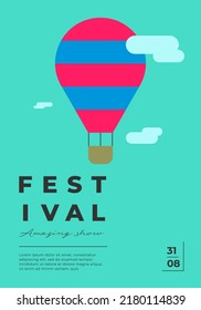 Amusement park festive minimal trendy vertical poster with aerostat. Carnival funfair minimalistic creative design banner with hot air balloon on sky. Fun fair festival simple flat vector eps placard