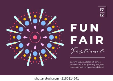 Amusement park festive minimal trendy horizontal poster with fireworks explosion on dark sky. Carnival funfair minimalistic creative flyer with firework. Holiday fun fair festival flat eps card