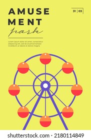 Amusement park festive minimal trendy vertical poster with ferris wheel. Carnival funfair minimalistic creative design banner with carousel. Fun fair festival simple flat vector eps placard