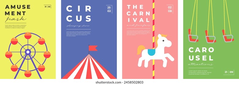 Amusement park festive minimal trendy poster set. Ferris wheel and circus on print. Carnival funfair carousel minimalistic creative design banner. Fun fair festival simple flat eps modern placard