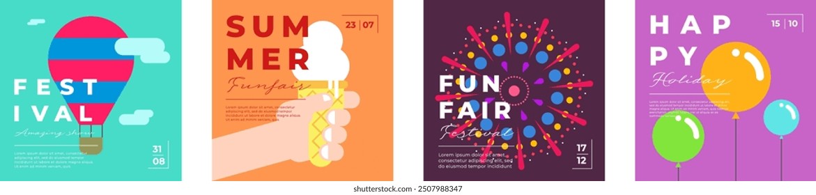 Conjunto de Anuncio cuadrado de moda mínimo festivo del parque de atracciones. Globo aerostático y volante de fuegos artificiales. Helado en el diseño creativo de la tarjeta de felicitación de la feria del carnaval. Fun fair festival simple moderna eps cover