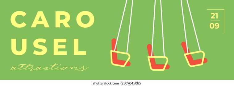 Parque de diversões festivo mínimo trendy horizontal banner com atração infantil girando carrossel. Panfleto de design criativo minimalista de carnaval. Feriado de verão divertido justo festival flat card