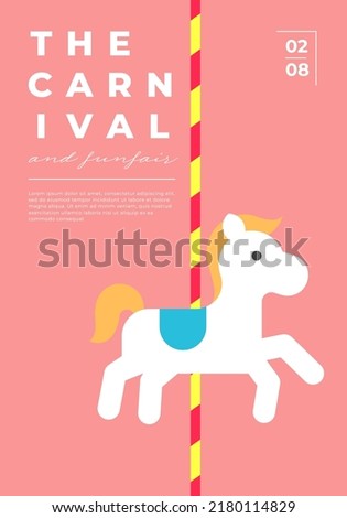 Amusement park festive minimal trendy vertical poster with merry-go-round. Carnival funfair minimalistic creative design banner with children attraction carousel. Fun fair festival flat eps placard