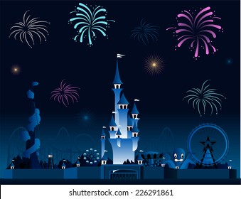 Amusement park fireworks celebration cartoon illustration