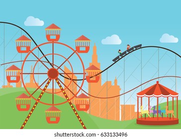 Amusement park in flat colorful with the Ferris wheel and the roller coaster attractions, vector illustration.