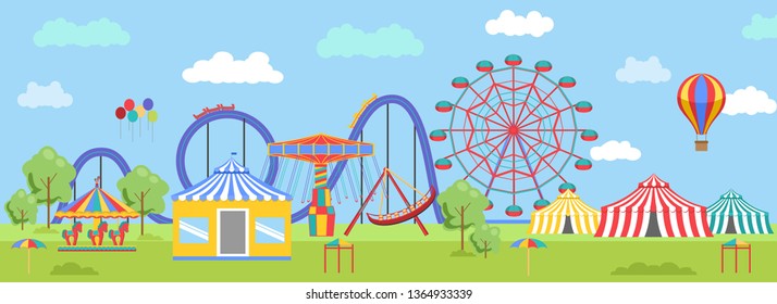 Amusement Park in flat colorful vector style. 