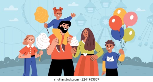 Amusement park flat composition with flat silhouette background with ferris wheel and characters of family members vector illustration - Shutterstock ID 2244983837
