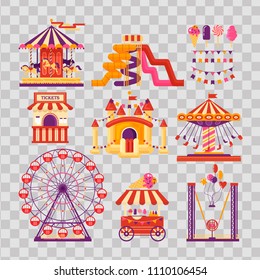 Amusement park flat elements with carousels, waterslides, balloons, flags, inflatable trampoline castle, ferris wheel, mobile kiosk with sweets, catapult on transparent background. Set family