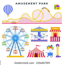 Amusement park flat elements, set. Entertainment attractions for family rest in park. Circus tent, carousel, ferris wheel, balloon, roller coaster, ticket office, ice cream tray. Vector illustration.