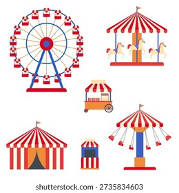 Amusement Park Flat Icon Set with Circus Rides and Attractions Vector Illustration