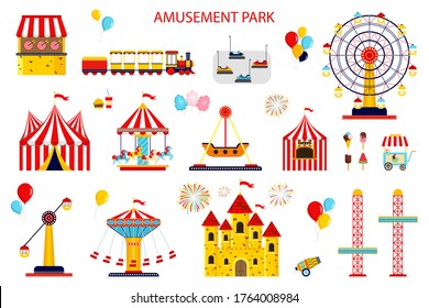 Amusement park flat icons. carousels, waterslides, balloons, flags, inflatable trampoline castle, ferris wheel, mobile kiosk with sweets, catapult isolated on white background