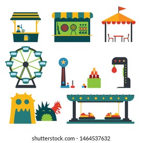 Amusement park flat icons. Fun and entertainment, festivals and outdoor celebrations.