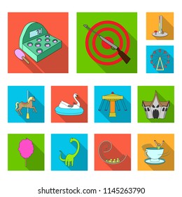 Amusement park flat icons in set collection for design. Equipment and attractions vector symbol stock web illustration.