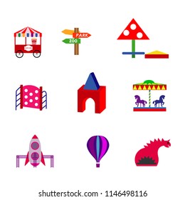 Amusement park flat icons set with family attractions isolated vector illustration.