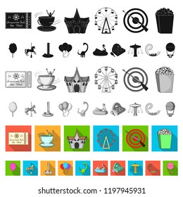 Amusement park flat icons in set collection for design. Equipment and attractions vector symbol stock web illustration.