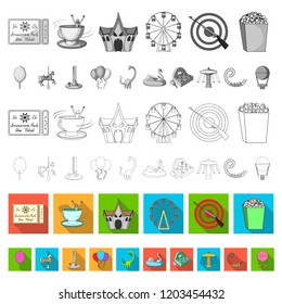 Amusement park flat icons in set collection for design. Equipment and attractions vector symbol stock web illustration.