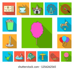 Amusement park flat icons in set collection for design. Equipment and attractions vector symbol stock web illustration.
