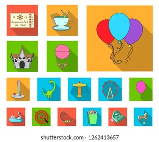 Amusement park flat icons in set collection for design. Equipment and attractions vector symbol stock web illustration.
