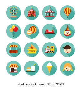 Amusement Park Flat Icons Set, Carnival, Fun Fair, Circus festival