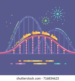 Amusement park flat illustration. Roller coaster and fireworks at night