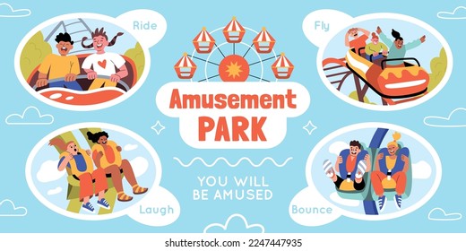 Infografías planas de parque de atracciones con composiciones redondas aisladas de personas que toman paseos con ilustraciones de vectores de texto ornamentables