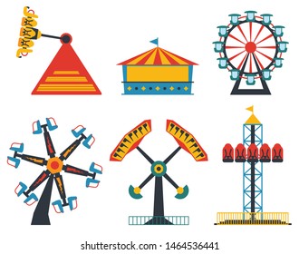 Amusement park flat set. Fun and entertainment outdoors. Roller coaster and adrenaline rides.