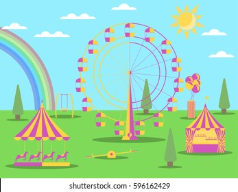 The amusement park flat style. A Ferris wheel, a merry-go-round with horses and a swing. Sunny weather with a rainbow. Vector illustration